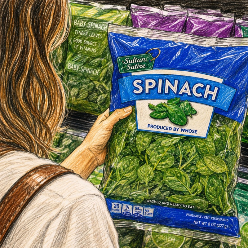 spinach single artwork: an illustrated bag of spinach in the grocery aisle
